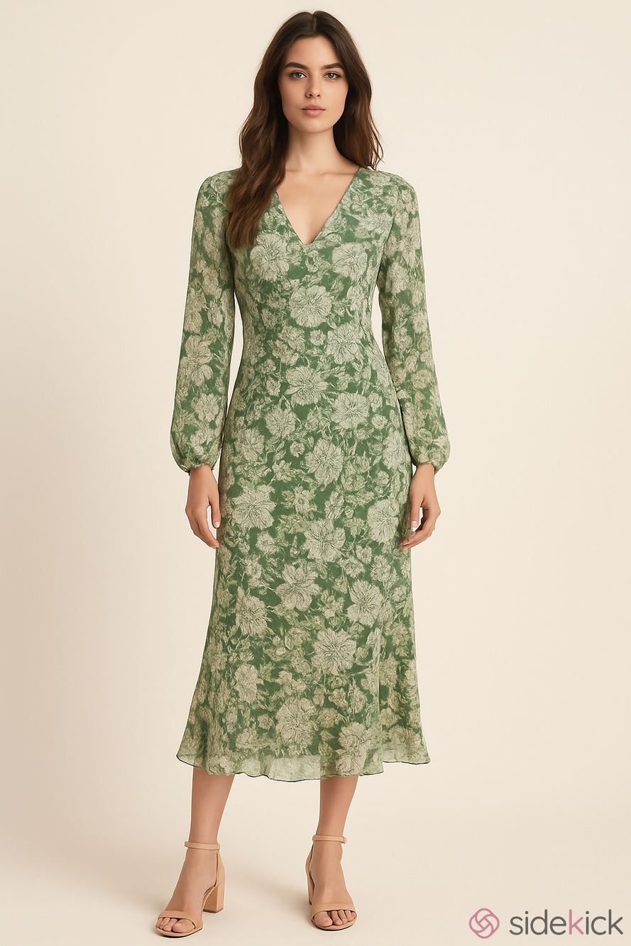 Mango Green Floral Long Sleeve Maxi Dress XS Note: Dress Is SHEER!